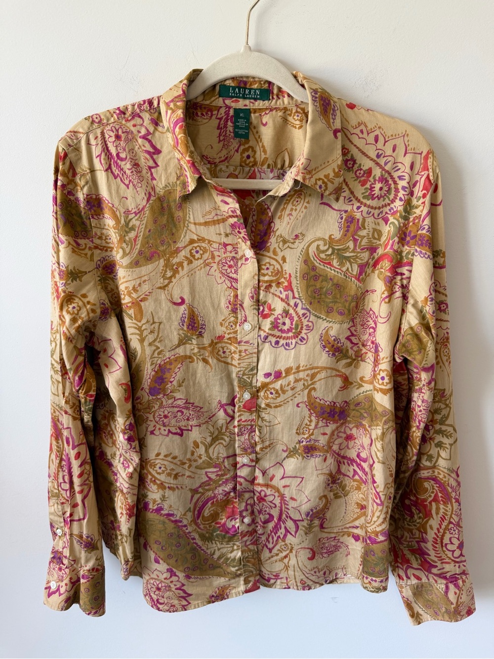 RALPH LAUREN Button Front Shirt Brown Paisley Preppy Fall 100% Cotton
